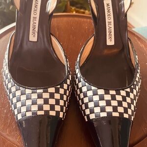 Manolo Blahnik Black and White Checkered Slingback Heels